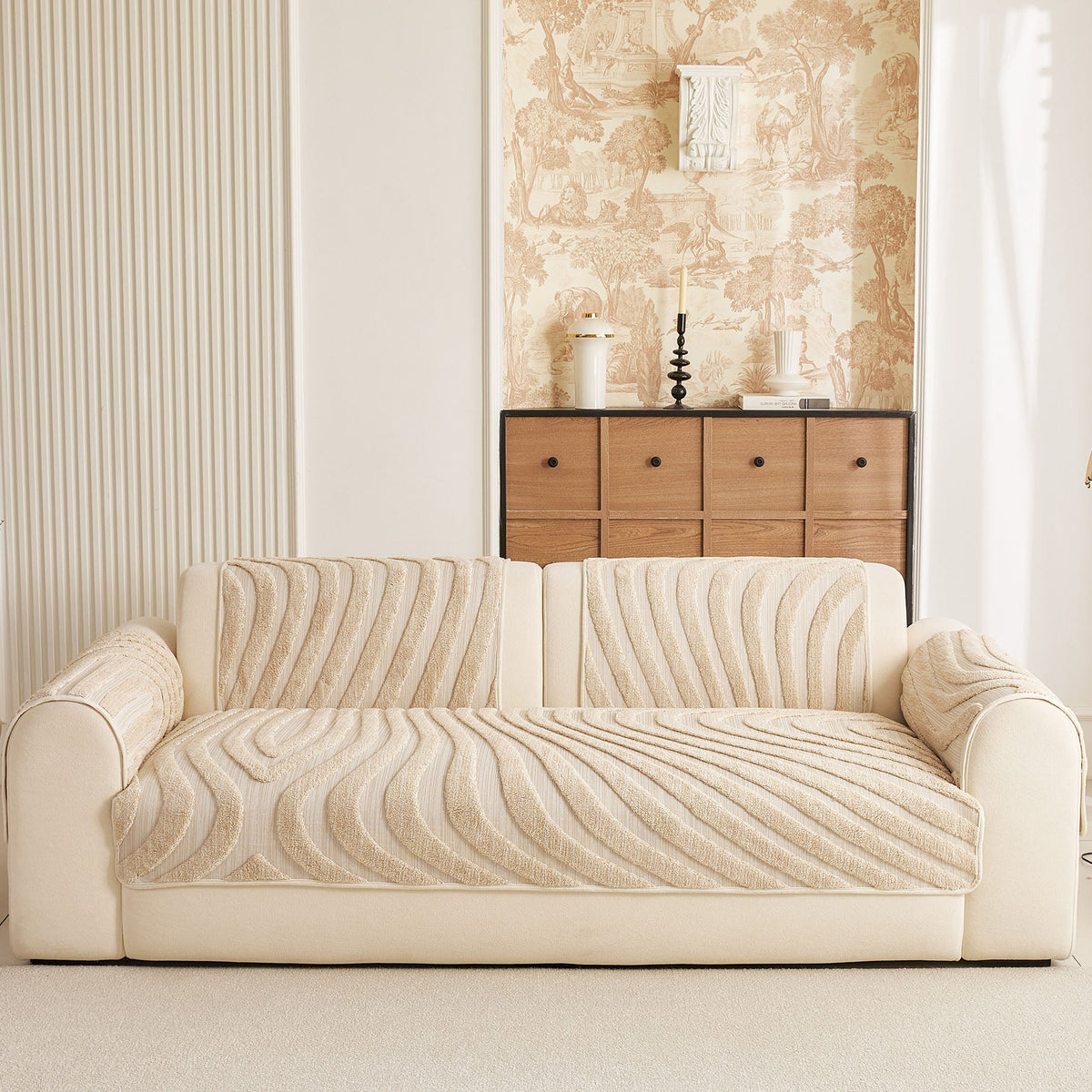 Cozy Plush Sofa Topper with Raised Wave Texture, Non-Slip Furniture Protector Cover