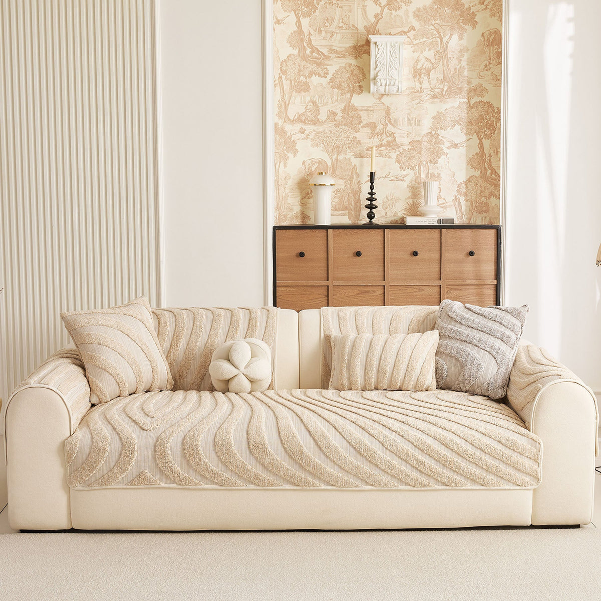Cozy Plush Sofa Topper with Raised Wave Texture, Non-Slip Furniture Protector Cover