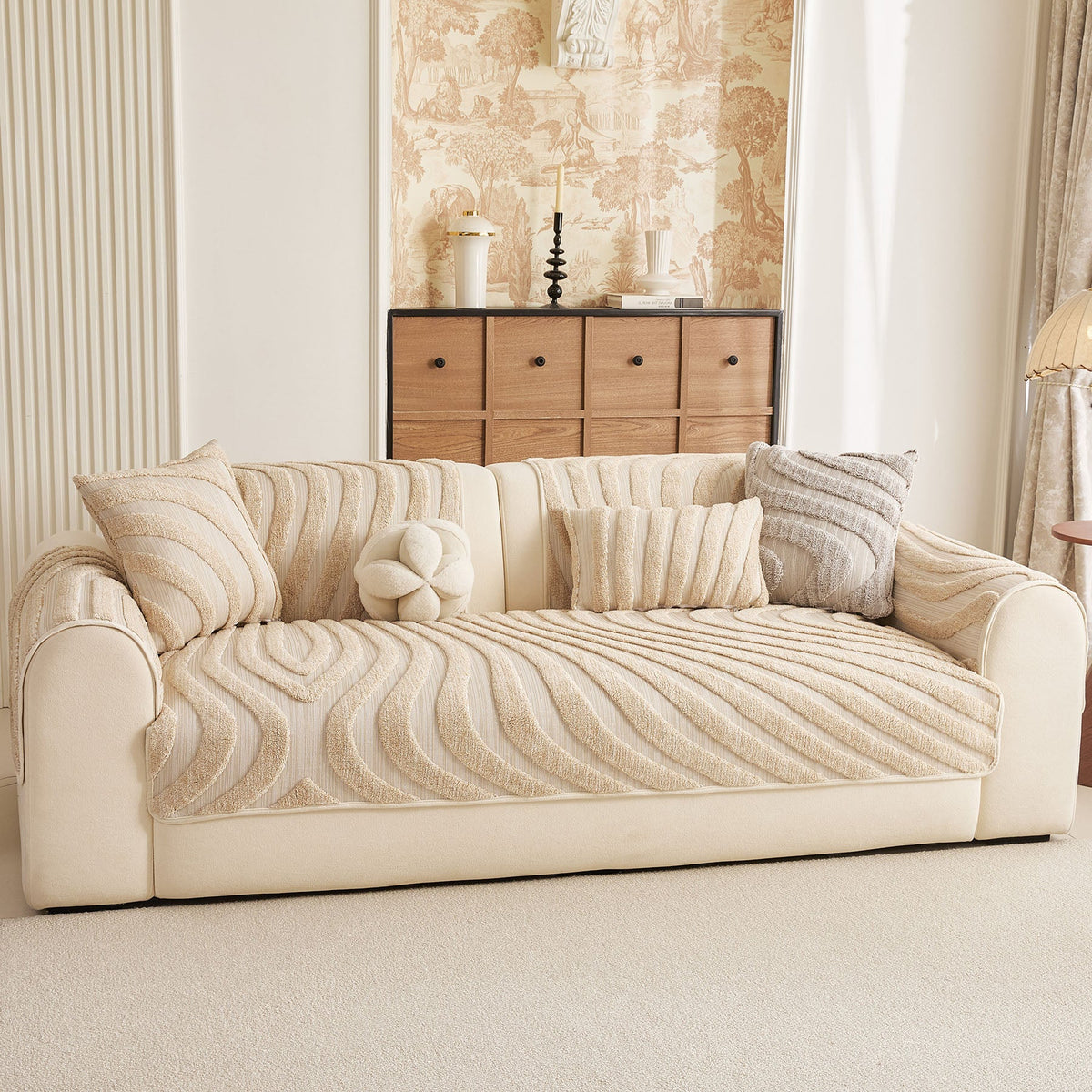 Cozy Plush Sofa Topper with Raised Wave Texture, Non-Slip Furniture Protector Cover
