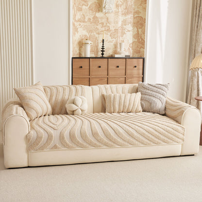 Cozy Plush Sofa Topper with Raised Wave Texture, Non-Slip Furniture Protector Cover