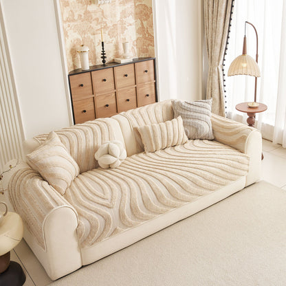 Cozy Plush Sofa Topper with Raised Wave Texture, Non-Slip Furniture Protector Cover