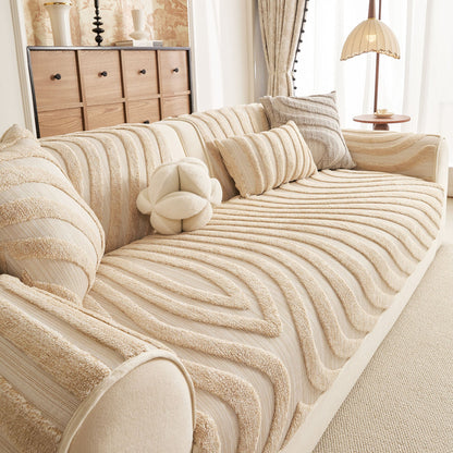 Cozy Plush Sofa Topper with Raised Wave Texture, Non-Slip Furniture Protector Cover