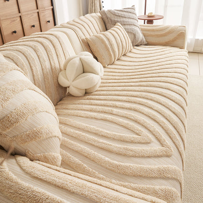 Cozy Plush Sofa Topper with Raised Wave Texture, Non-Slip Furniture Protector Cover