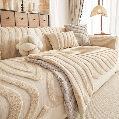 Cozy Plush Sofa Topper with Raised Wave Texture, Non-Slip Furniture Protector Cover
