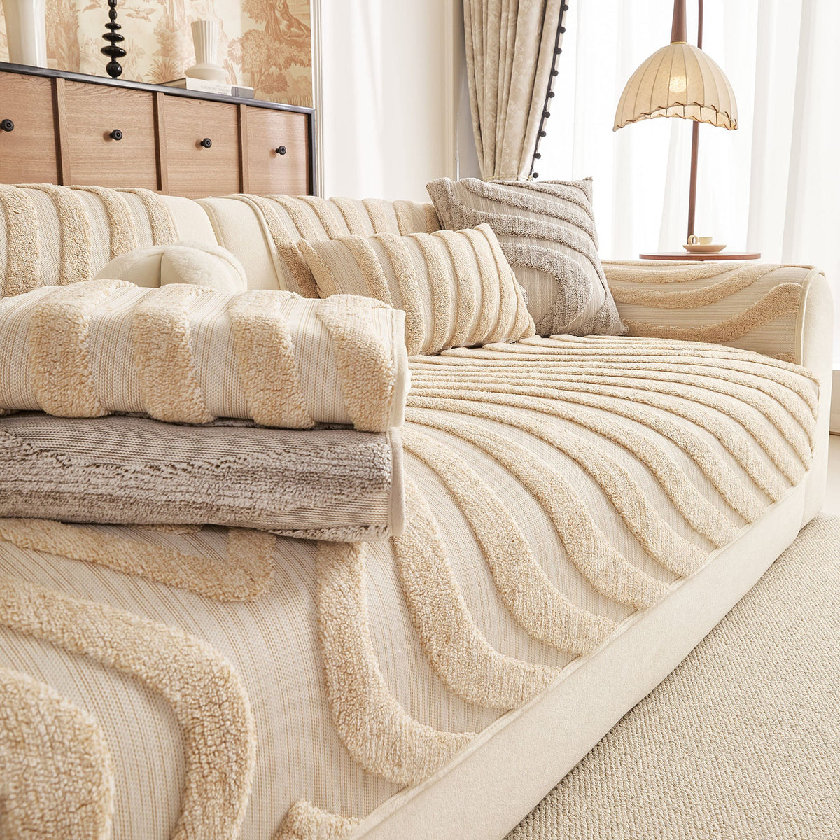 Cozy Plush Sofa Topper with Raised Wave Texture, Non-Slip Furniture Protector Cover