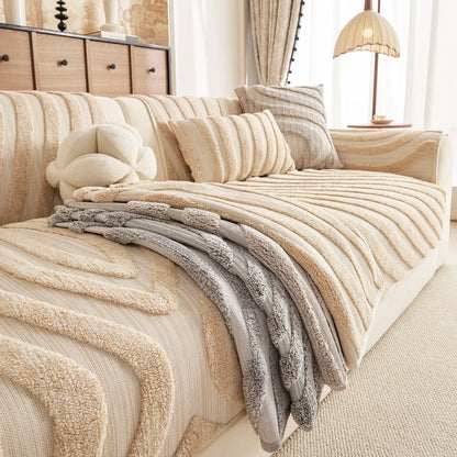 Cozy Plush Sofa Topper with Raised Wave Texture, Non-Slip Furniture Protector Cover