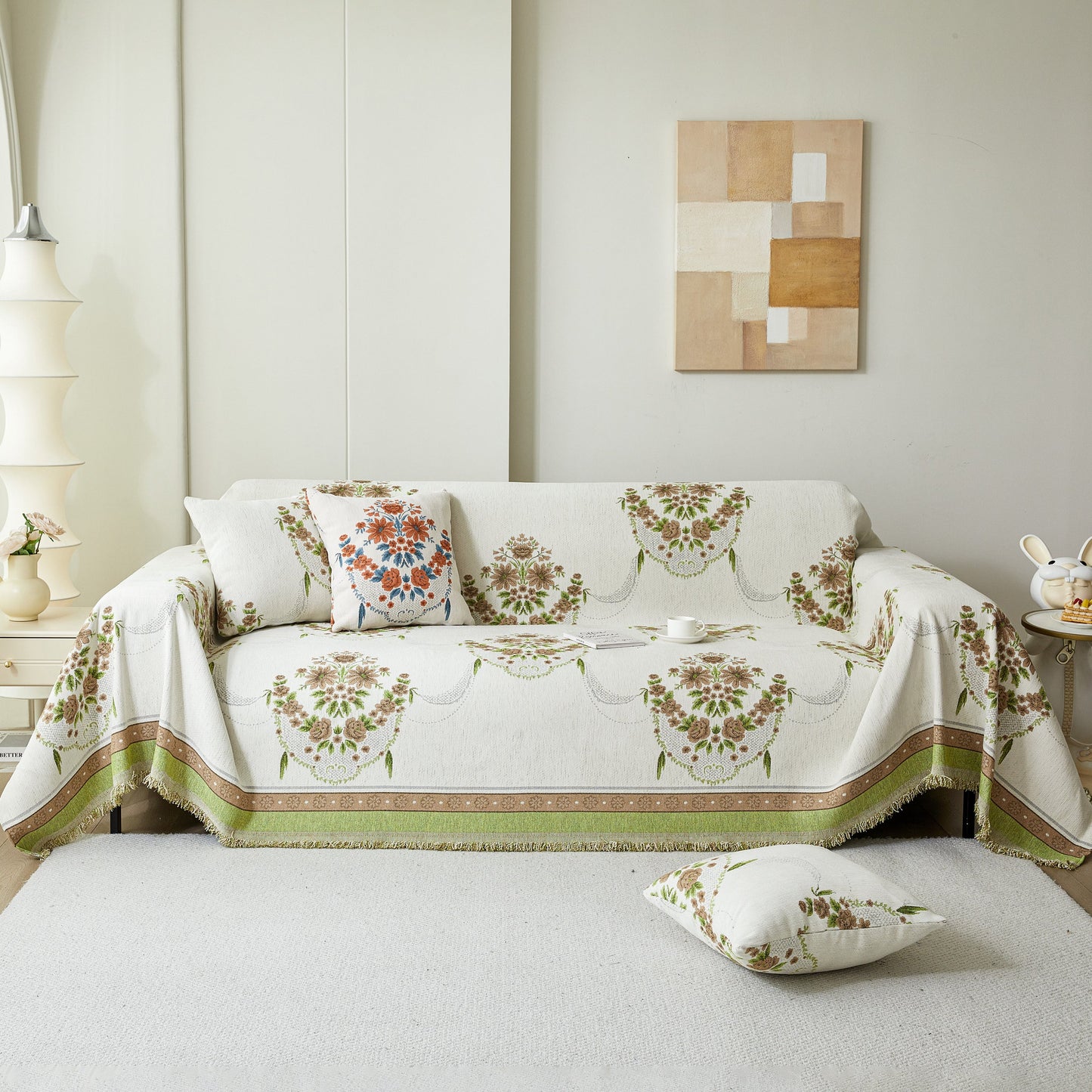 Charming French Country Floral Basket Sofa Throw Cover Rustic Farmhouse-Style Couch Cover Blankets