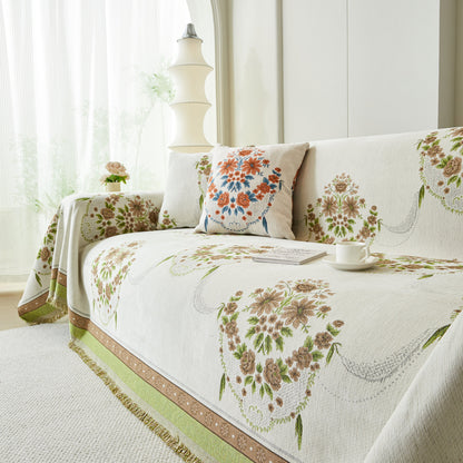 Charming French Country Floral Basket Sofa Throw Cover Rustic Farmhouse-Style Couch Cover Blankets