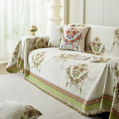 Charming French Country Floral Basket Sofa Throw Cover Rustic Farmhouse-Style Couch Cover Blankets