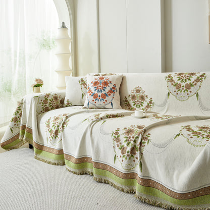 Charming French Country Floral Basket Sofa Throw Cover Rustic Farmhouse-Style Couch Cover Blankets