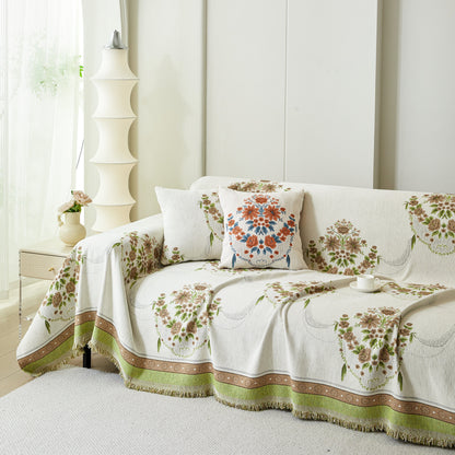Charming French Country Floral Basket Sofa Throw Cover Rustic Farmhouse-Style Couch Cover Blankets
