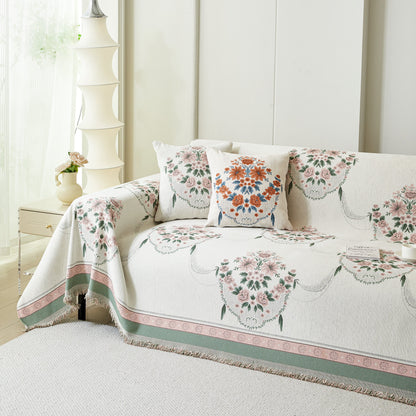 Charming French Country Floral Basket Sofa Throw Cover Rustic Farmhouse-Style Couch Cover Blankets