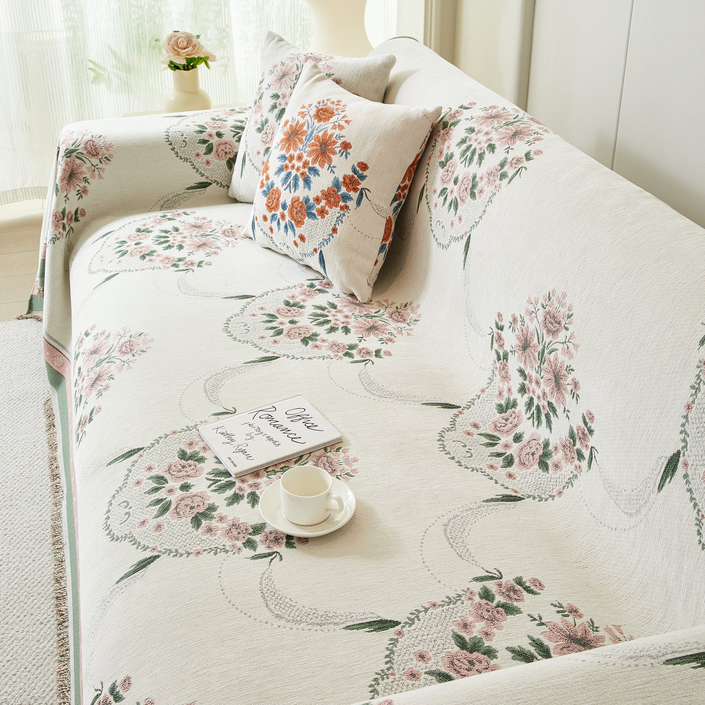 Charming French Country Floral Basket Sofa Throw Cover Rustic Farmhouse-Style Couch Cover Blankets