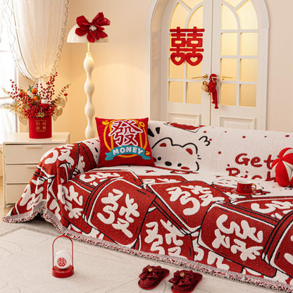 Chinese New Year Sofa Throw Cover Blanket, Decor Festive Red Fu Pattern Couch Cover