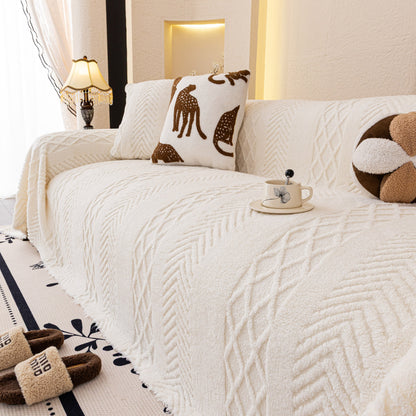 Plush Fleece Sofa Cover with 3D Cable Knit Texture Soft Cozy Warm Sofa Throw Blanket