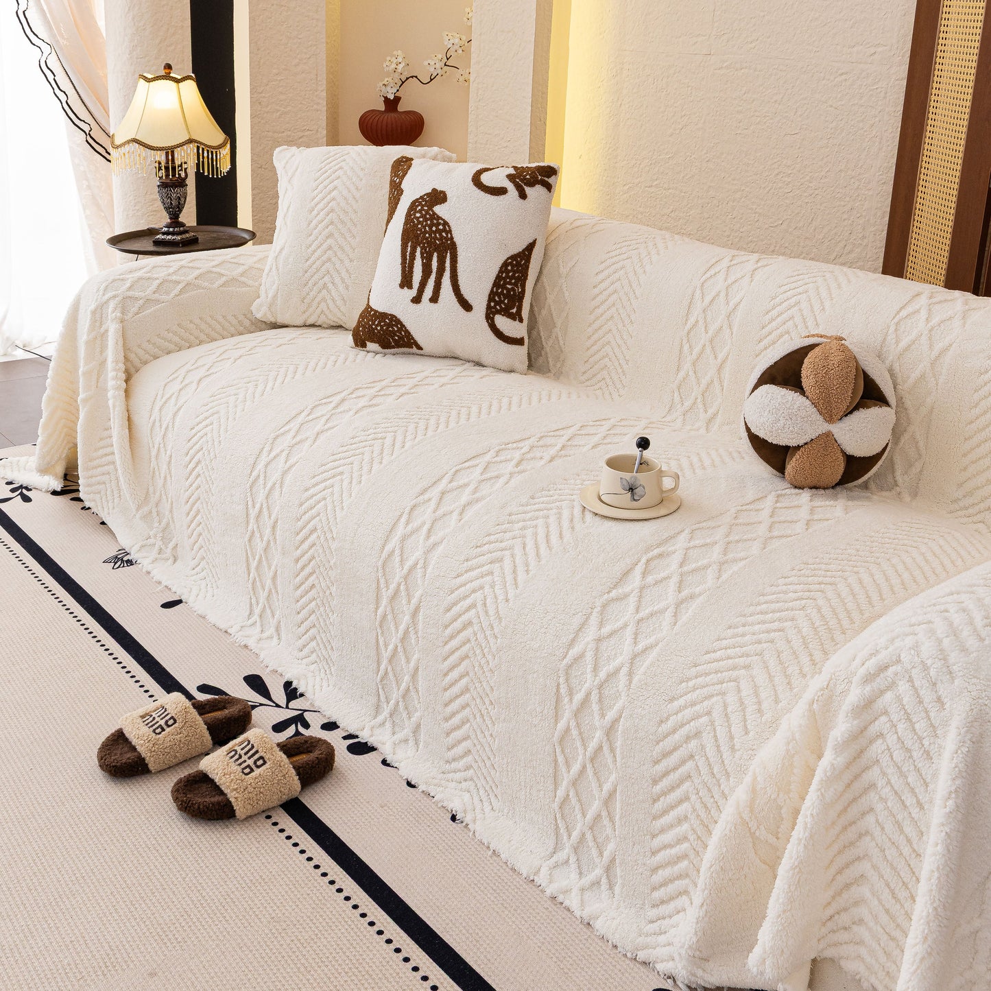 Plush Fleece Sofa Cover with 3D Cable Knit Texture Soft Cozy Warm Sofa Throw Blanket