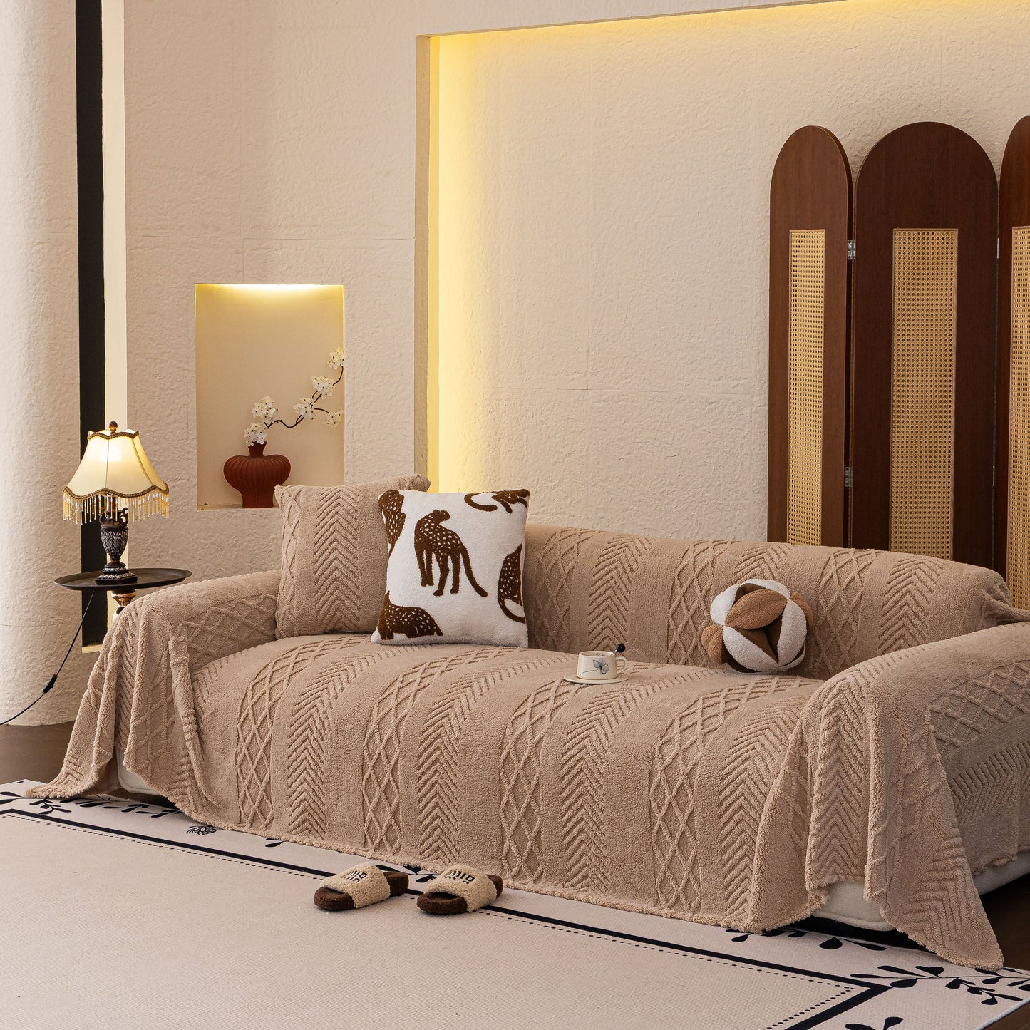 Plush Fleece Sofa Cover with 3D Cable Knit Texture Soft Cozy Warm Sofa Throw Blanket