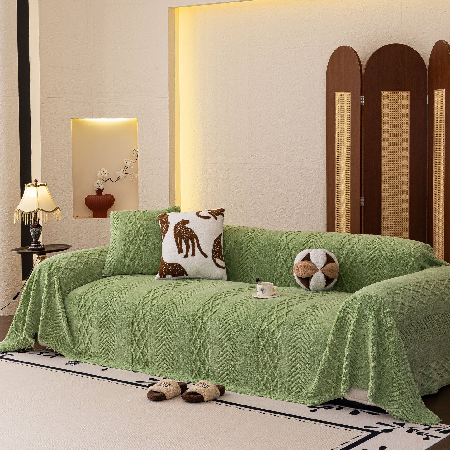 Plush Fleece Sofa Cover with 3D Cable Knit Texture Soft Cozy Warm Sofa Throw Blanket