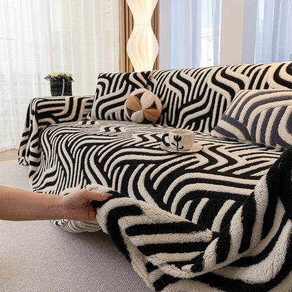 Plush Sherpa Sofa Throw Cover for Sectional, Jacquard Wave Throw Furniture Protector