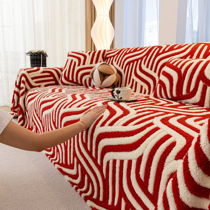 Plush Sherpa Sofa Throw Cover for Sectional, Jacquard Wave Throw Furniture Protector