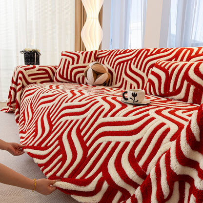 Plush Sherpa Sofa Throw Cover for Sectional, Jacquard Wave Throw Furniture Protector