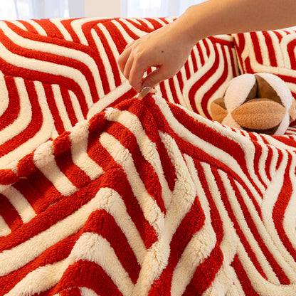 Plush Sherpa Sofa Throw Cover for Sectional, Jacquard Wave Throw Furniture Protector