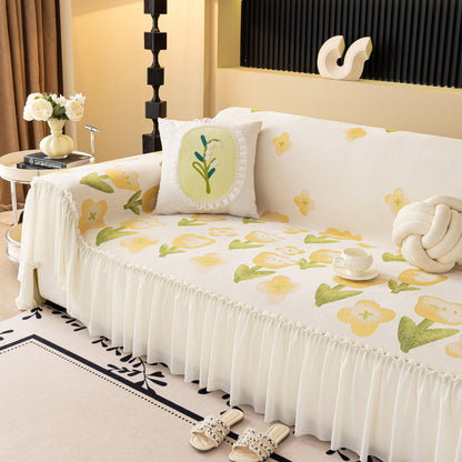 Ruffled Sweet Floral Sofa Cover with Skirt, Soft and Decorative Couch Throw Cover