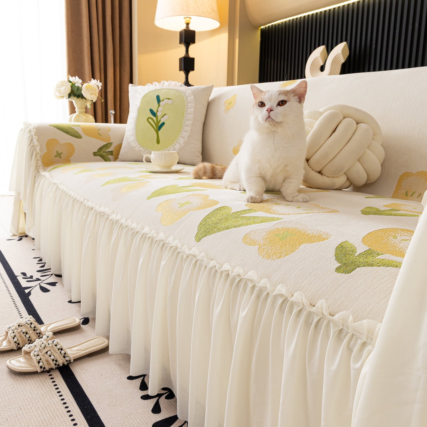 Ruffled Sweet Floral Sofa Cover with Skirt, Soft and Decorative Couch Throw Cover