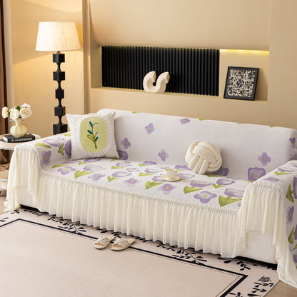 Ruffled Sweet Floral Sofa Cover with Skirt, Soft and Decorative Couch Throw Cover