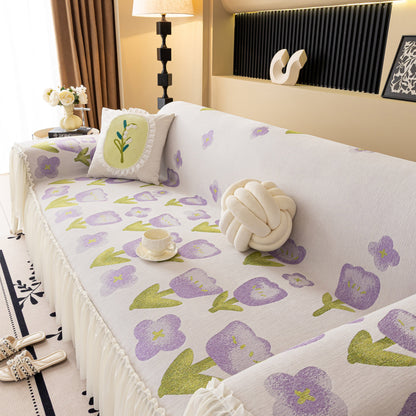 Ruffled Sweet Floral Sofa Cover with Skirt, Soft and Decorative Couch Throw Cover