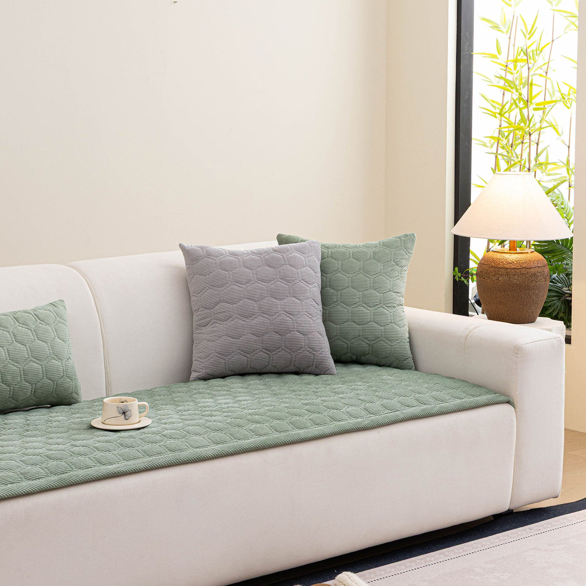 Geometric Quilted Corduroy Couch Topper, Non-Slip Padded Sofa Protector Cover for Pets