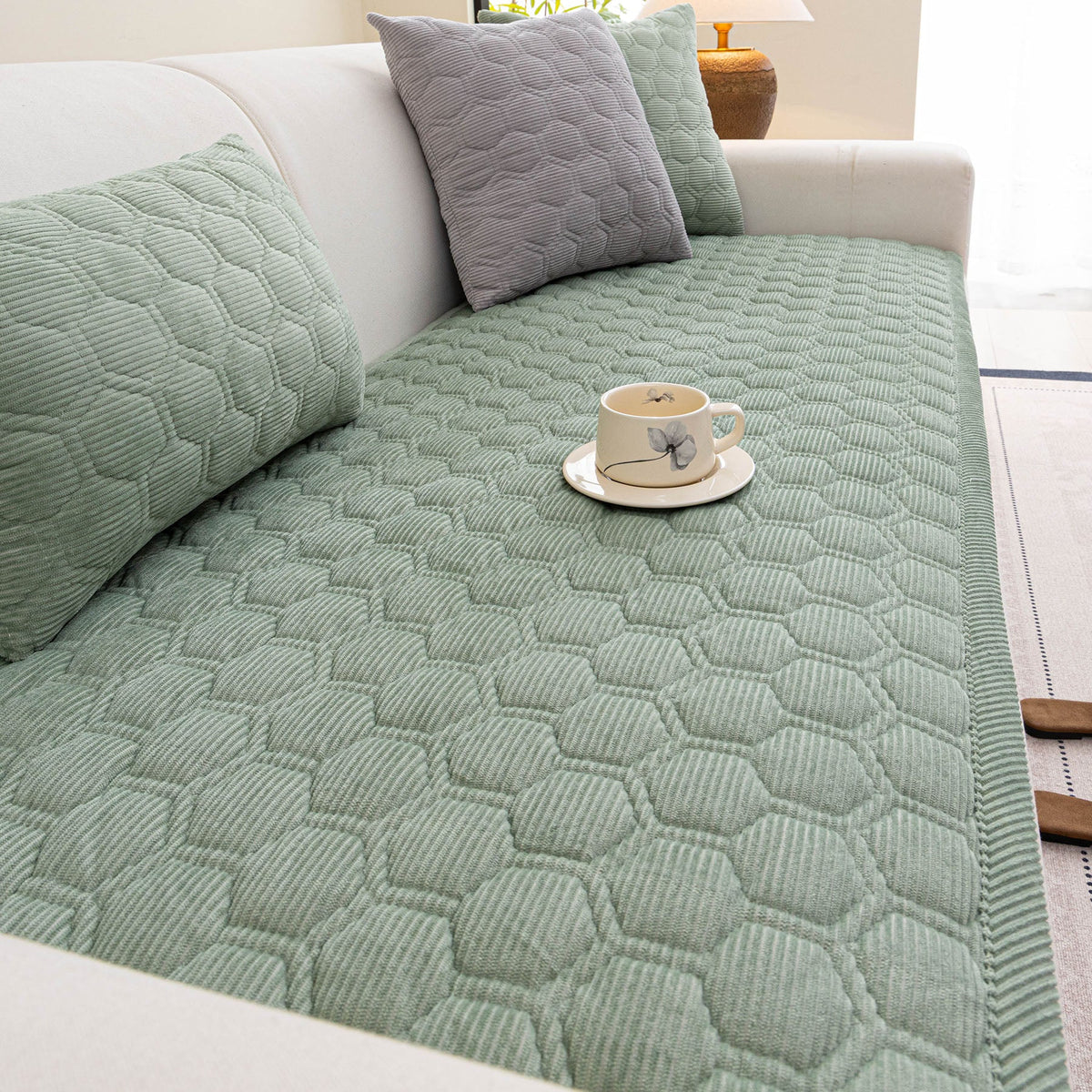 Geometric Quilted Corduroy Couch Topper, Non-Slip Padded Sofa Protector Cover for Pets