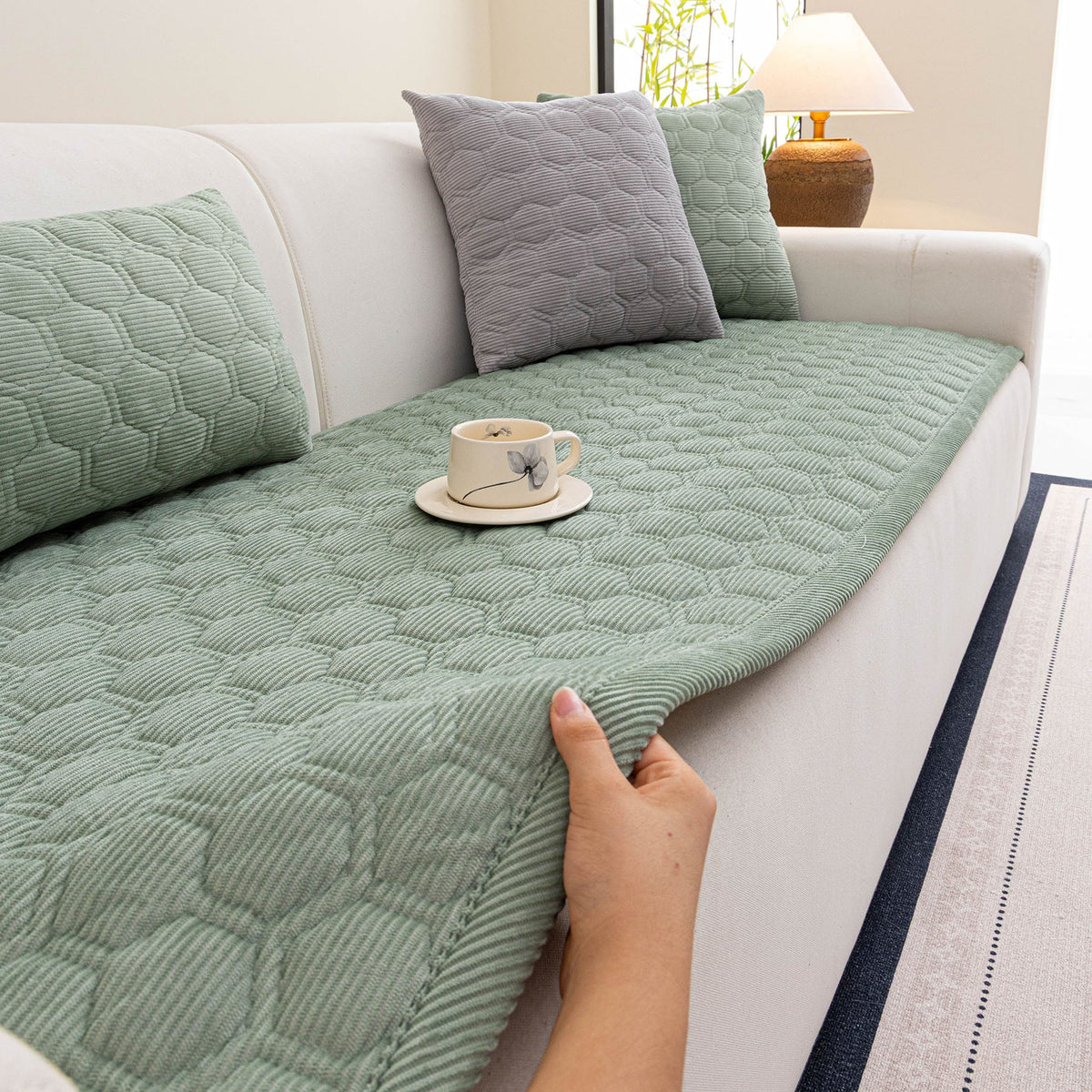 Geometric Quilted Corduroy Couch Topper, Non-Slip Padded Sofa Protector Cover for Pets