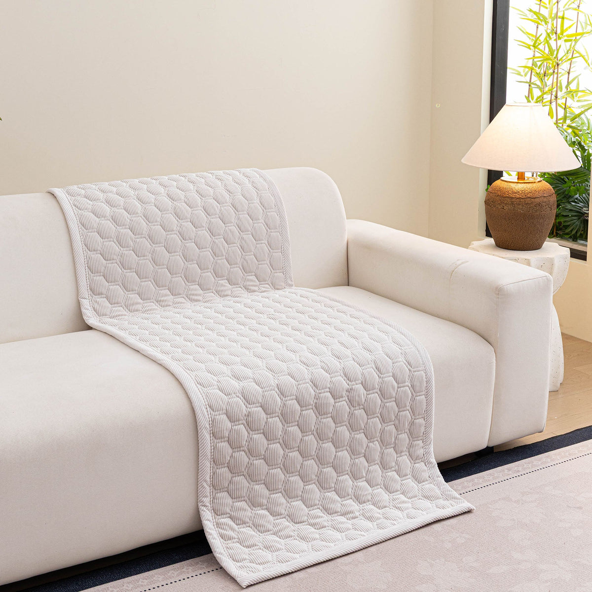 Geometric Quilted Corduroy Couch Topper, Non-Slip Padded Sofa Protector Cover for Pets