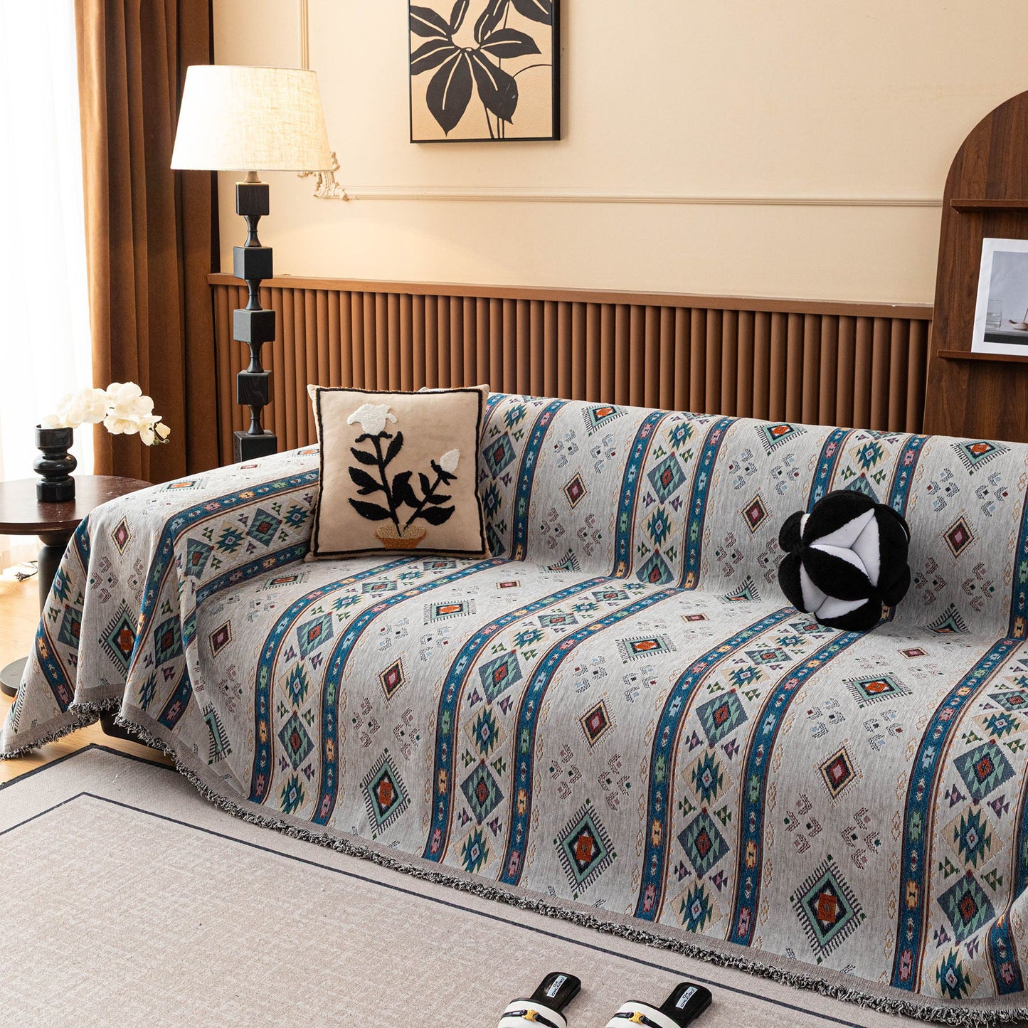 Southwestern Boho Woven Tribal Sofa Cover Blanket, Rustic Farmhouse Couch Throw Cover