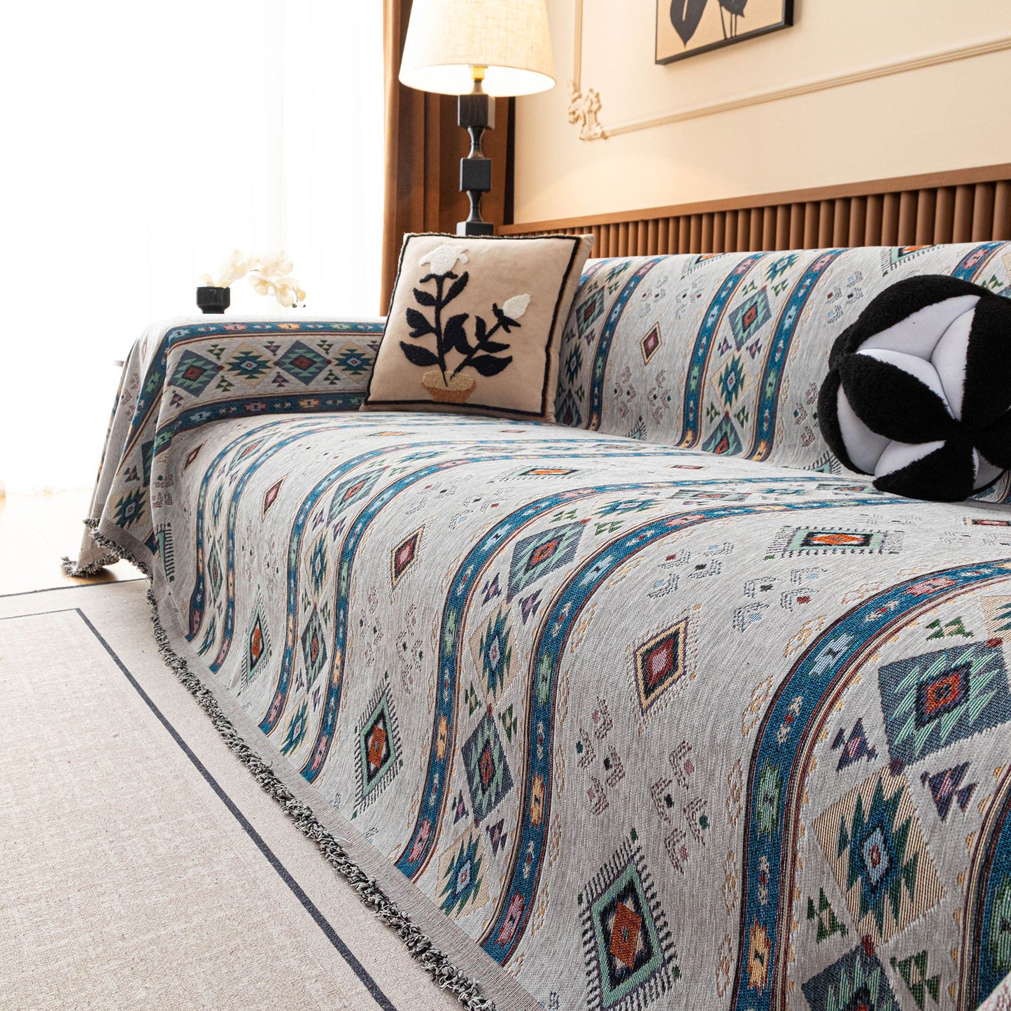 Southwestern Boho Woven Tribal Sofa Cover Blanket, Rustic Farmhouse Couch Throw Cover