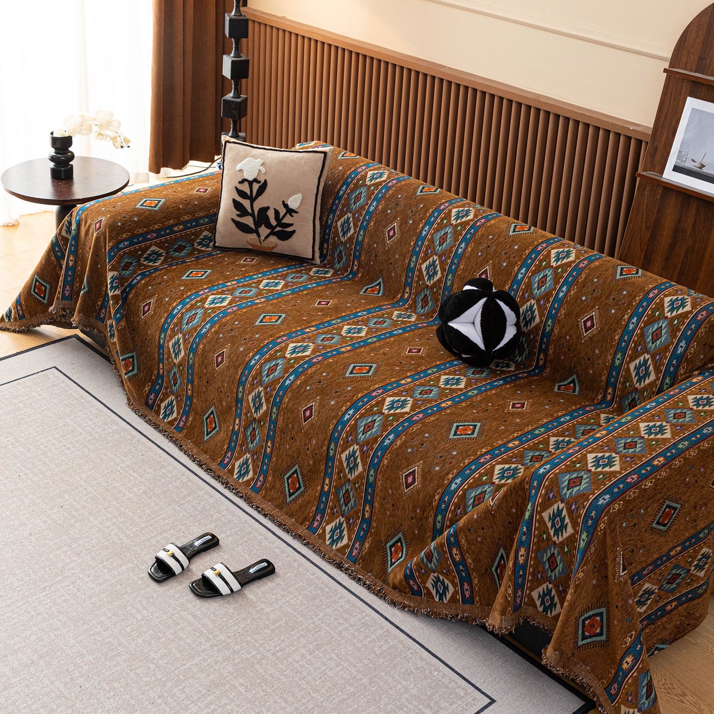 Southwestern Boho Woven Tribal Sofa Cover Blanket, Rustic Farmhouse Couch Throw Cover