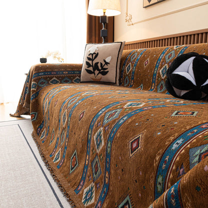 Southwestern Boho Woven Tribal Sofa Cover Blanket, Rustic Farmhouse Couch Throw Cover