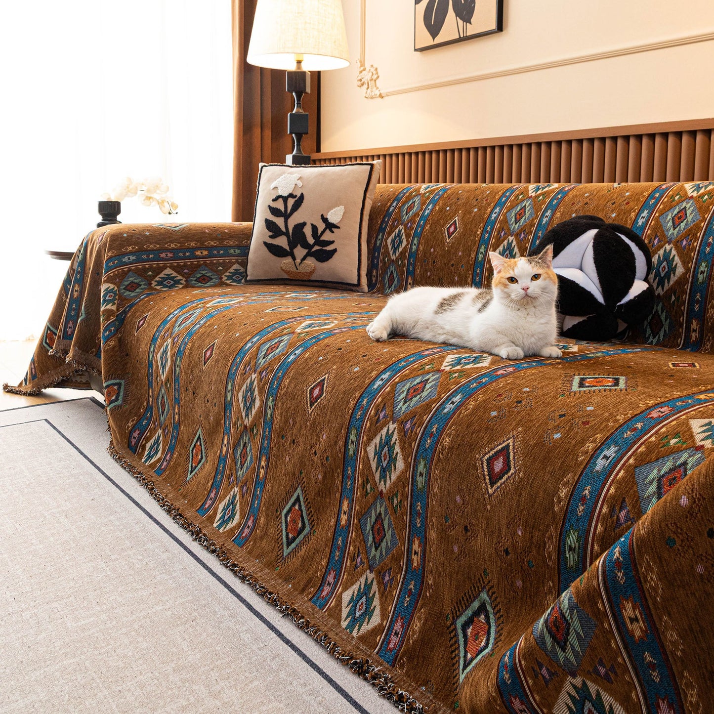 Southwestern Boho Woven Tribal Sofa Cover Blanket, Rustic Farmhouse Couch Throw Cover