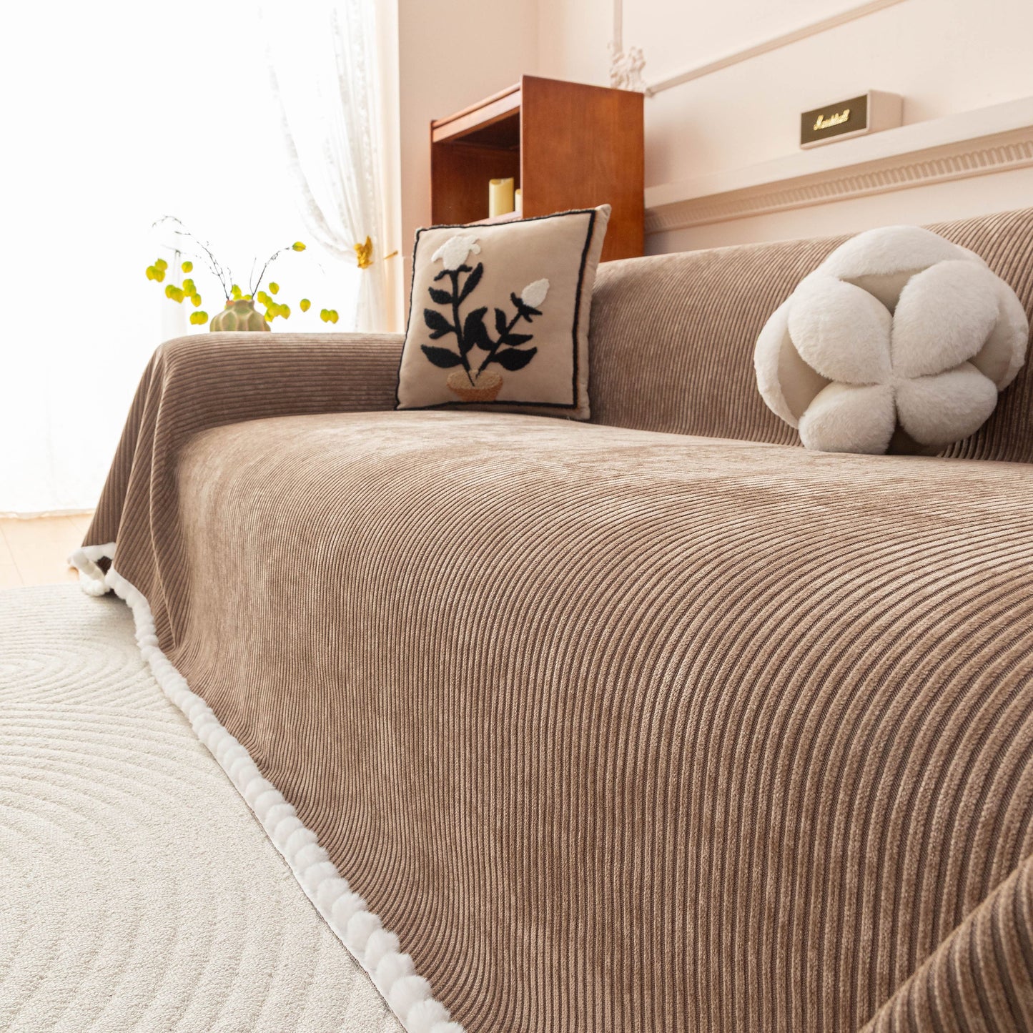 Textured Striped Cozy Couch Cover Throw Blanket with Pom Pom Trim for Sectional Sofa