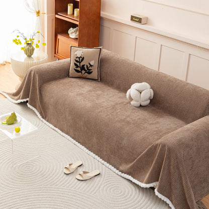 Textured Striped Cozy Couch Cover Throw Blanket with Pom Pom Trim for Sectional Sofa