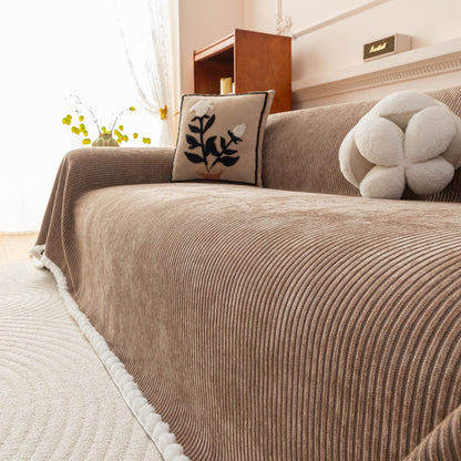 Textured Striped Cozy Couch Cover Throw Blanket with Pom Pom Trim for Sectional Sofa