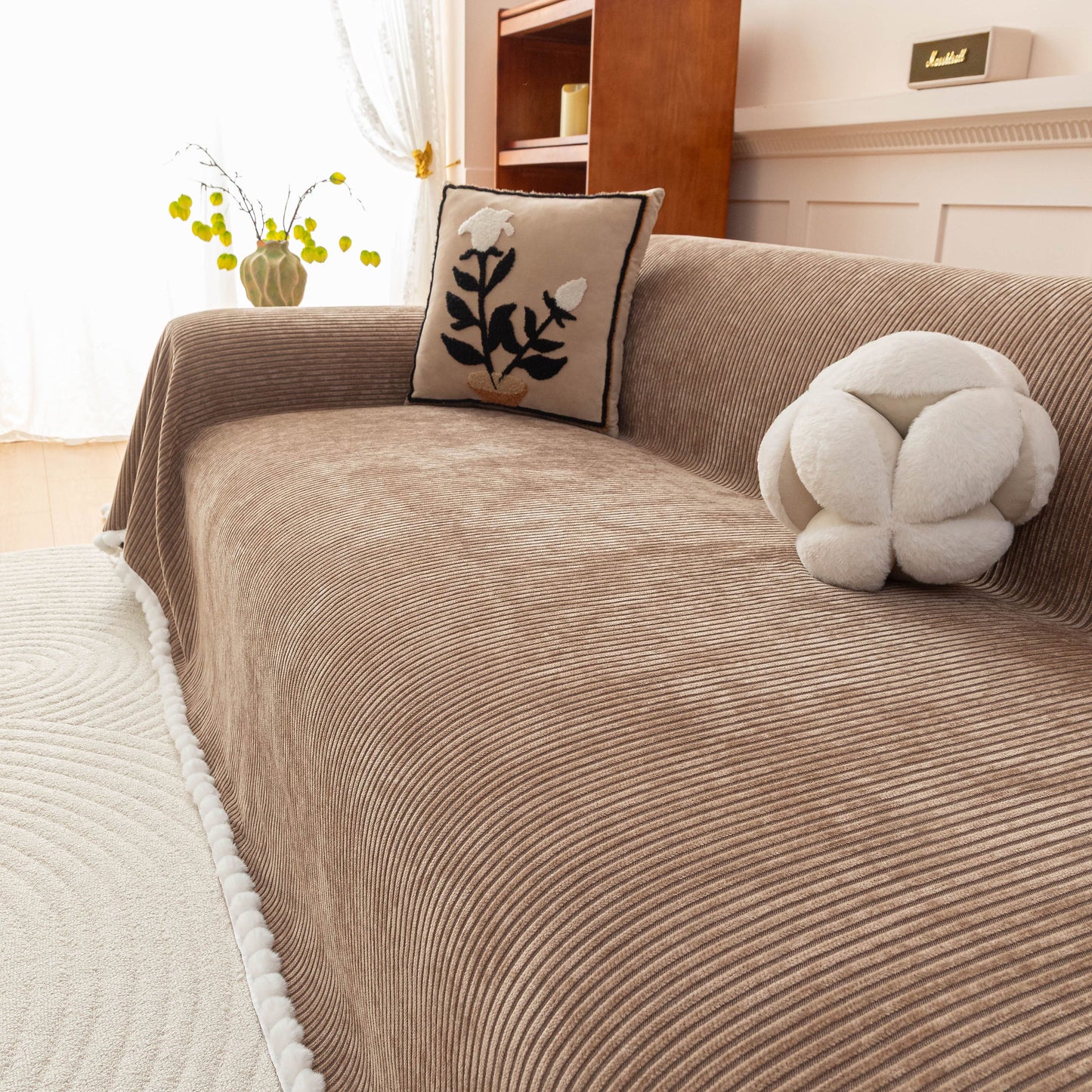 Textured Striped Cozy Couch Cover Throw Blanket with Pom Pom Trim for Sectional Sofa