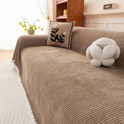 Textured Striped Cozy Couch Cover Throw Blanket with Pom Pom Trim for Sectional Sofa