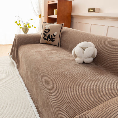 Textured Striped Cozy Couch Cover Throw Blanket with Pom Pom Trim for Sectional Sofa