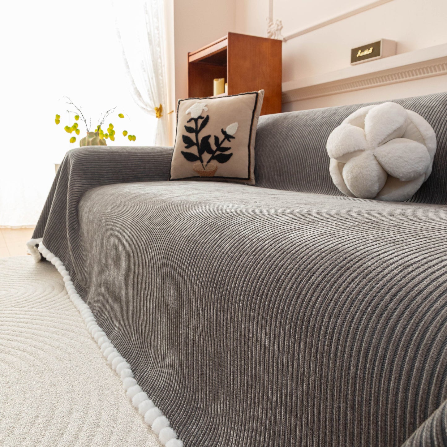 Textured Striped Cozy Couch Cover Throw Blanket with Pom Pom Trim for Sectional Sofa