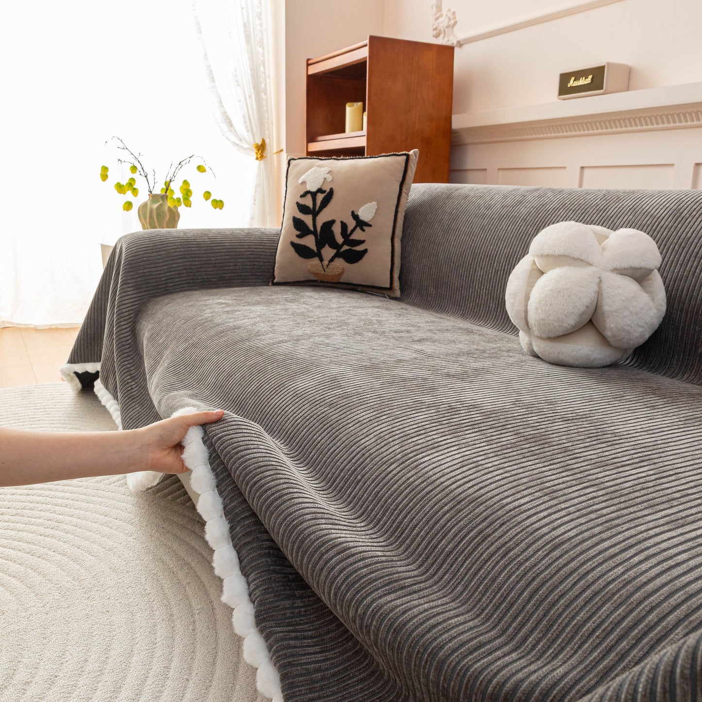 Textured Striped Cozy Couch Cover Throw Blanket with Pom Pom Trim for Sectional Sofa