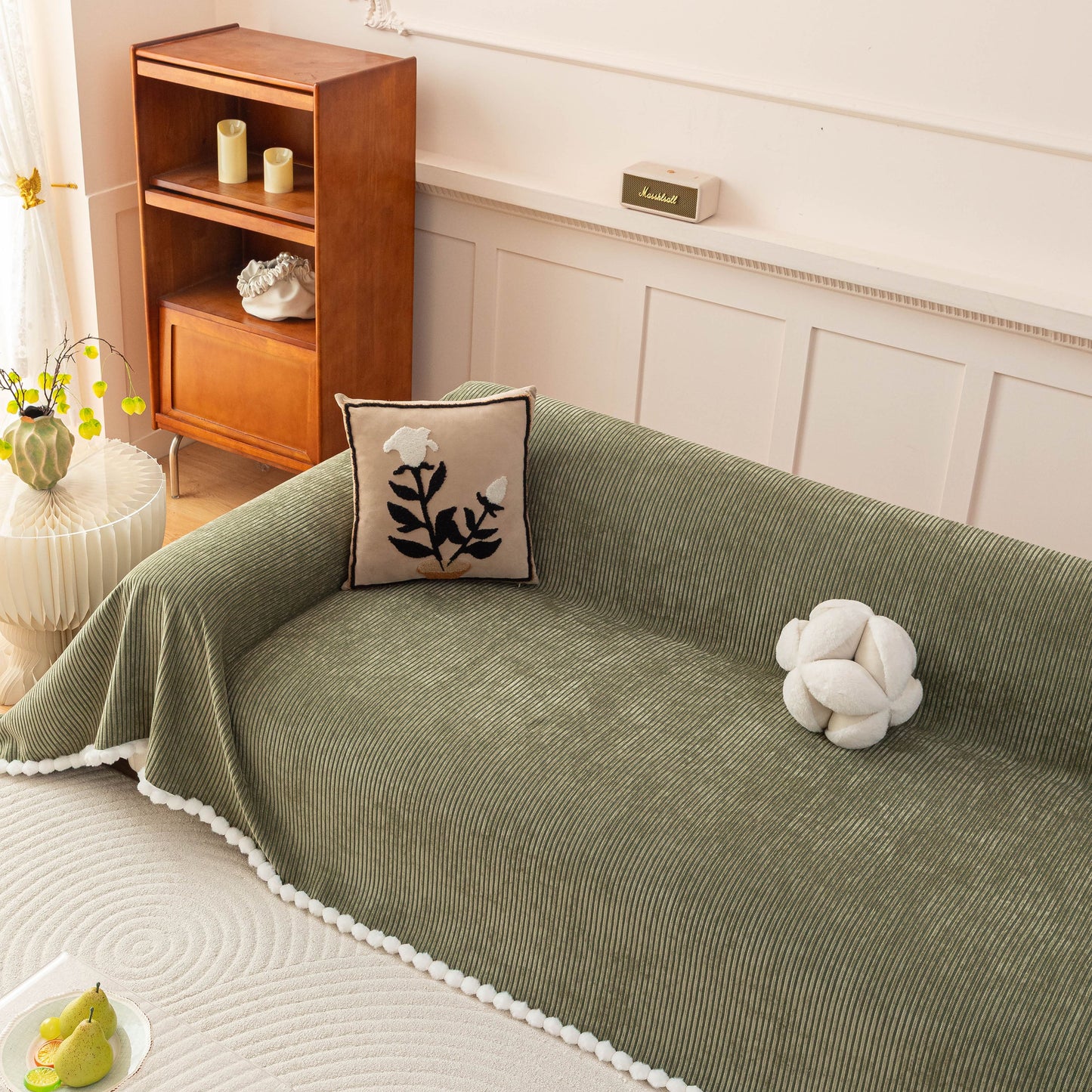 Textured Striped Cozy Couch Cover Throw Blanket with Pom Pom Trim for Sectional Sofa