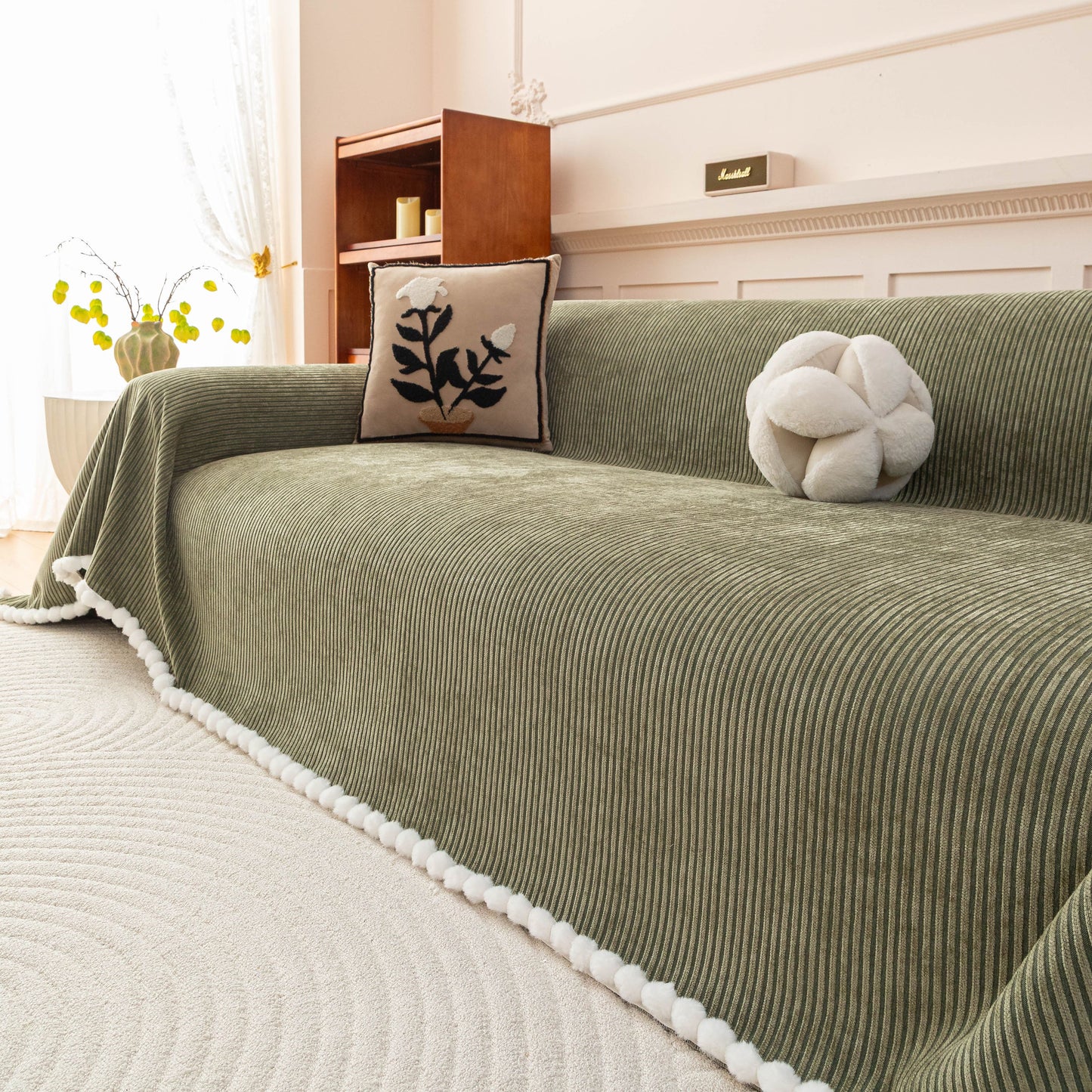 Textured Striped Cozy Couch Cover Throw Blanket with Pom Pom Trim for Sectional Sofa