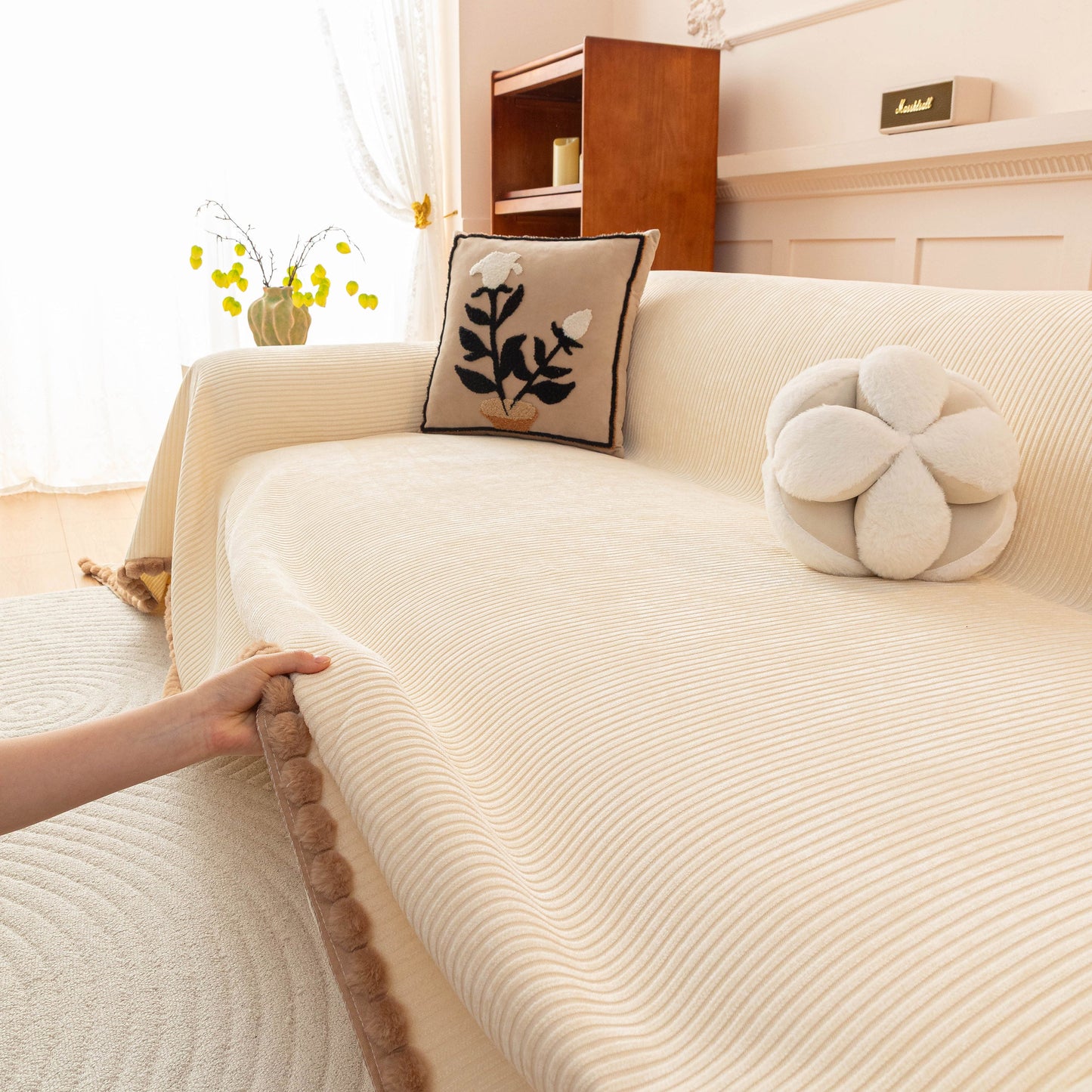 Textured Striped Cozy Couch Cover Throw Blanket with Pom Pom Trim for Sectional Sofa